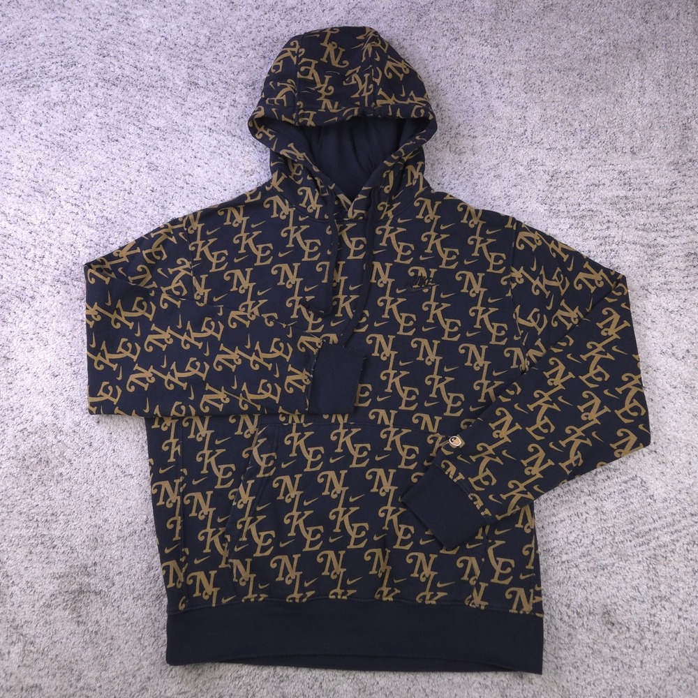 Nike Hoodie Mens Medium AOP Sweatshirt Fleece Sportswear Black Gold Monogram